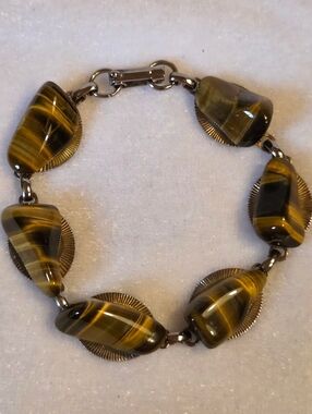 Vintage 70s Tiger Eye Semi Precious Stone Link Bracelet